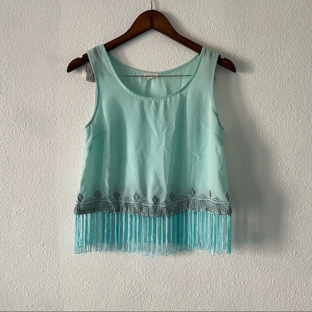 Western Fringe Tank Boho Crop Pastel Blue Tassel Top Mint Blue Size Small Summer - Picture 8 of 8